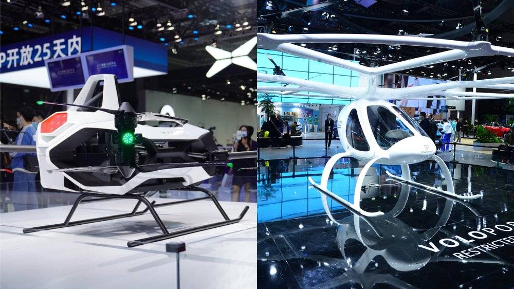 左为小鹏汇天的第四代智能电动载人飞行器旅航者X1，右为德国飞行汽车公司E-VOLO的产品Volocopter