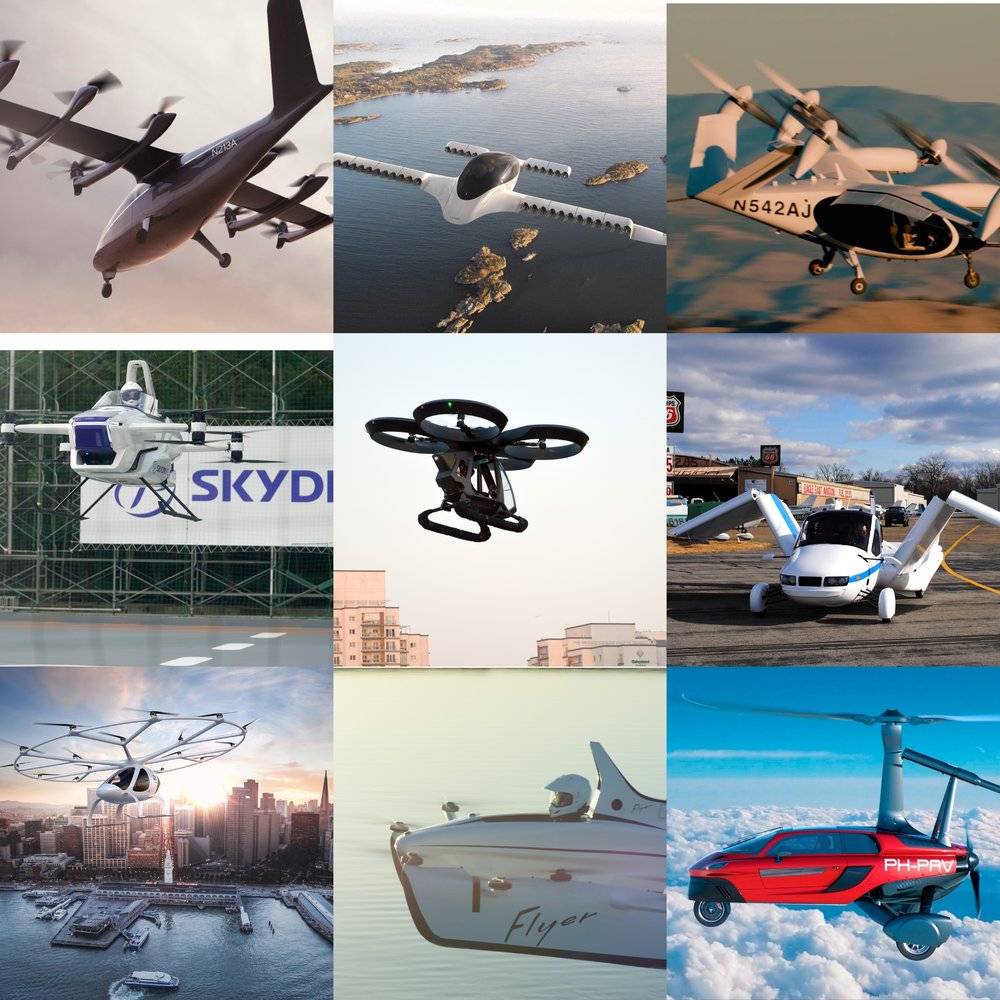 目前进入试飞阶段的飞行汽车产品，他们的构型目前还没有统一的标准。从左到右分别为：美国Archer的飞行器、德国Lilium的飞行器、美国Joby Aviation的飞行器、日本SkyDrive的飞行器、土耳其Baykar的飞行器、吉利收购的Terrafugia的飞行汽车、德国的Volocopter、拉里·佩奇投资的Kitty Hawk飞行器、荷兰PAL-V的飞行汽车。<br>