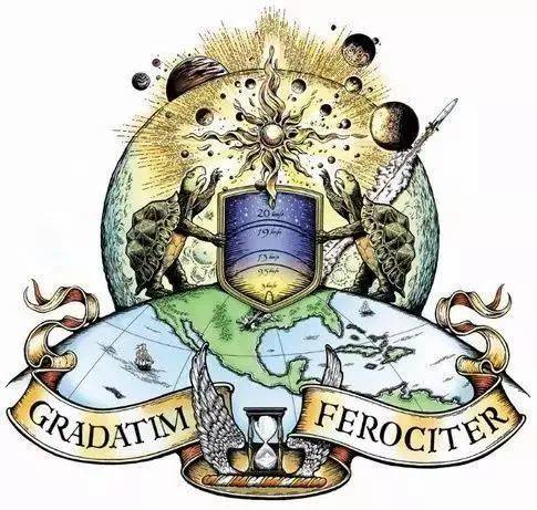 △ 蓝色起源徽章里有两只仰望着星空的乌龟，下方拉丁文名言“Gradatim Ferocite”意思是：“循序渐进，勇往直前。”