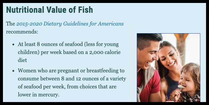 FDA 建议孕期和哺乳期妇女每周吃226-340克海鲜，儿童则每周可以吃226克。图片来源：www.fda.gov/food/consumers/advice-about-eating-fish<br>