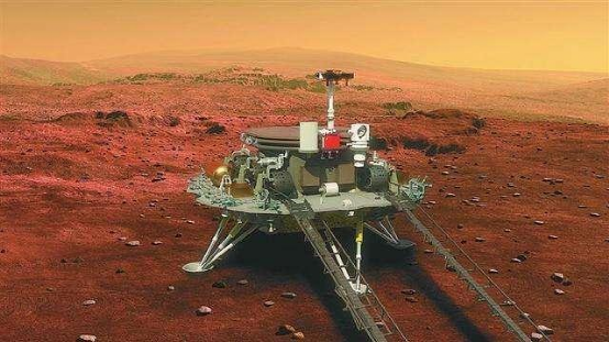 图注：祝融号火星车位于着陆器上方（艺术图）。<br label=图片备注 class=text-img-note>