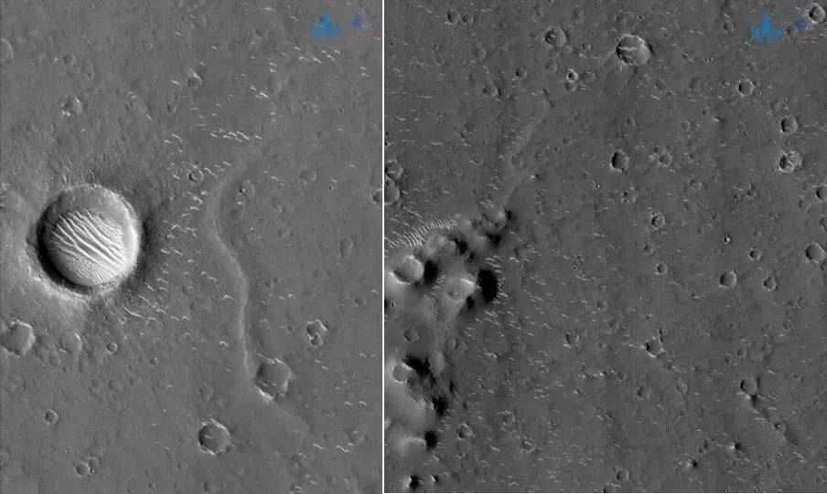 天问一号今年3月传回的两张高分辨率相机影像，分辨率0.7米/像素（@ 330-350公里高度），可以看出大量地形地貌细节，能够满足为火星车考察着陆区的需要 | CNSA<br>