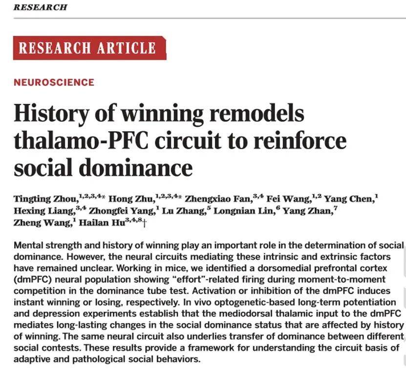 图1. 浙大胡海岚团队<em>Science</em>上发文，揭示“胜利者效应”的脑机制（History of winning remodels thalamo-PFC circuit to reinforce social dominance（2017））。<br>