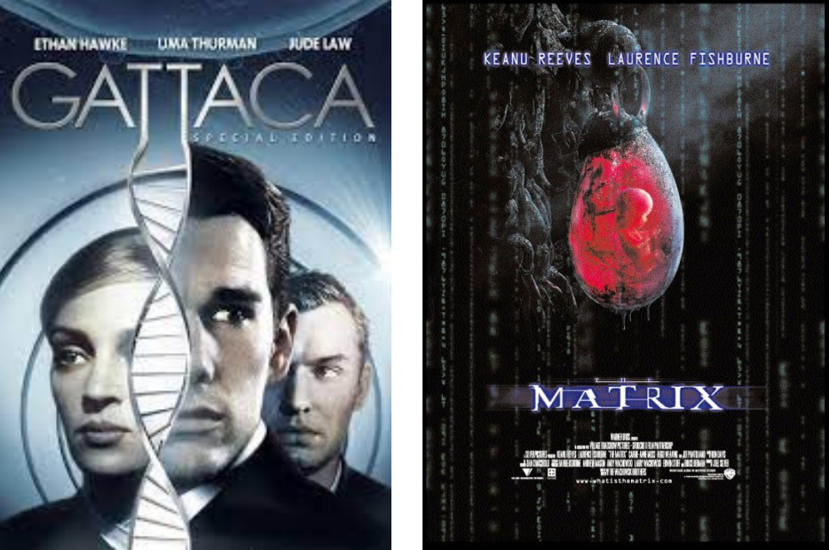 图1 电影《千钧一发》（<em>Gattaca</em>）与《黑客帝国》（<em>Matrix</em>）海报，两部电影分别描述了基因修饰与胚胎的体外培养<br>