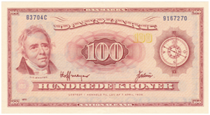 图6  1970年丹麦发行的100克朗钞票