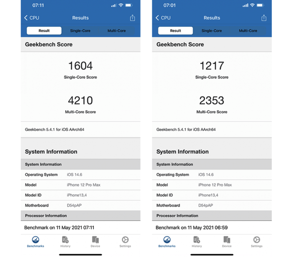 同一iPhone 12 Pro Max iOS 14.6 Beta 3固件 vs iOS 14.5.1固件GeekBench测试结果。图片来自：Macrumors