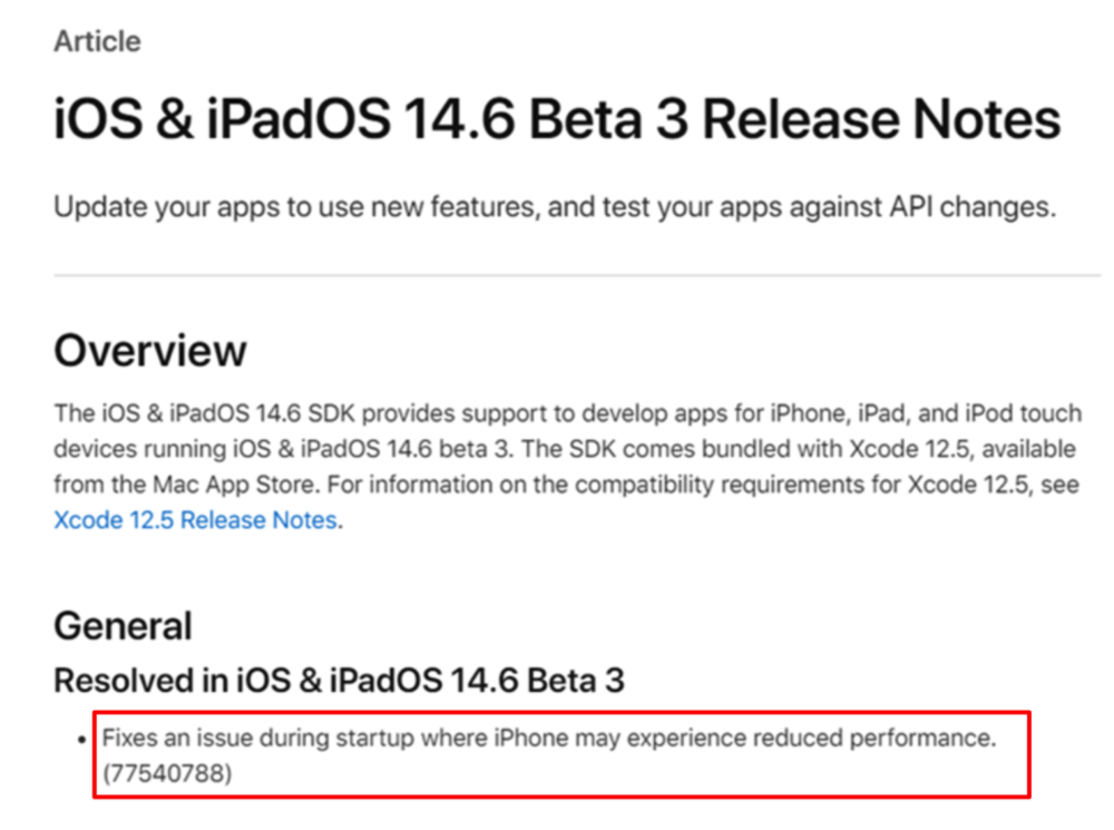 iOS 14.6 Beta 3& iPadOS 14.6 Beta 3的更新日志。图片来自：Apple