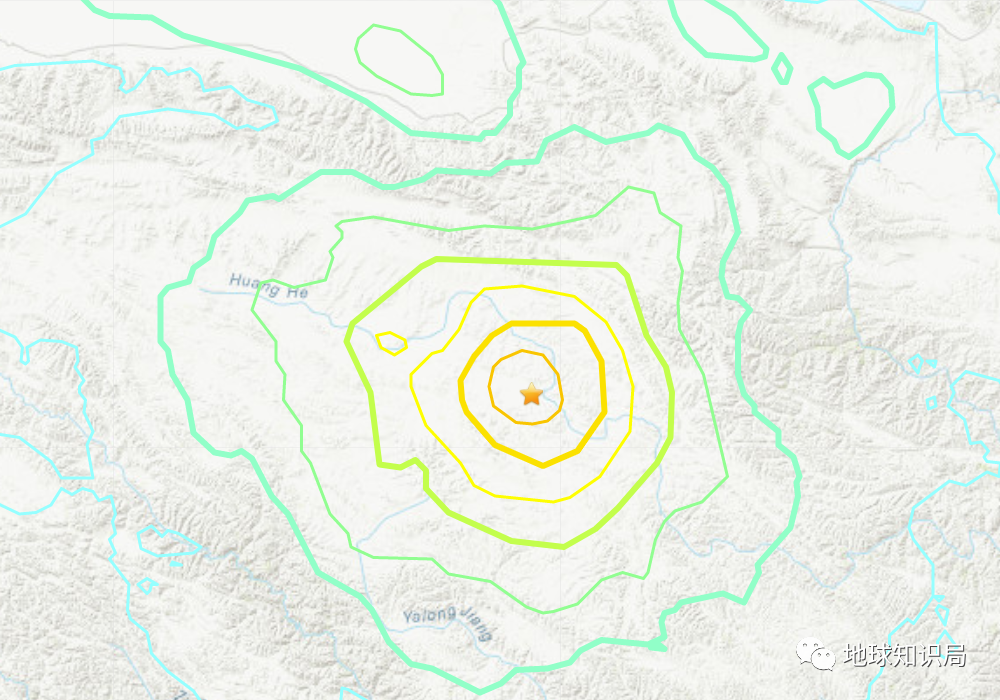 玛多7.4级地震表面波传播示意（图：usgs）