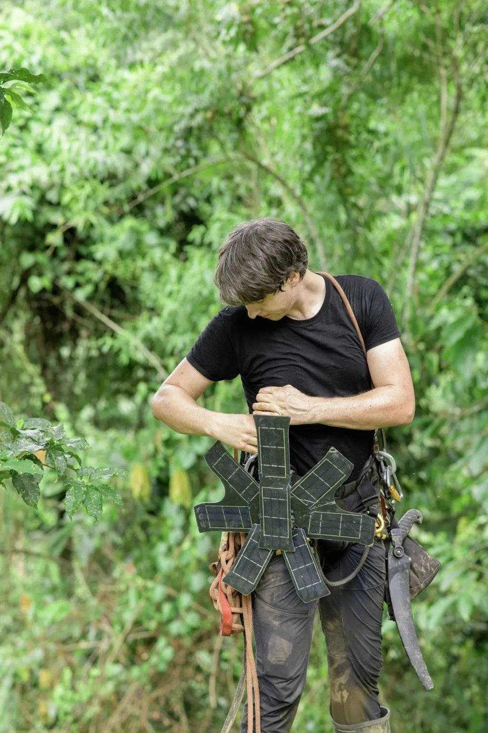 厄瓜多尔卡南德自然保护区内，托普·怀特准备爬到树上安装监听设备。<br>