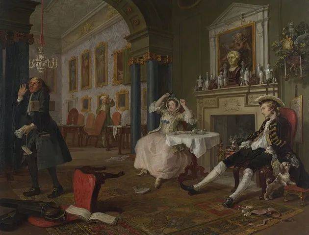 《时髦的婚姻：早餐》（The Tête à Tête），威廉姆·荷加斯（William Hogarth），1743年。© Public Domain