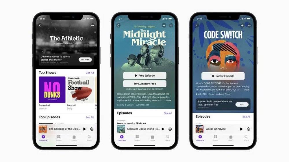 针对 Spotify 在播客领域的“进攻”，苹果 4 月宣布将推出付费订阅播客的新功能。｜Apple