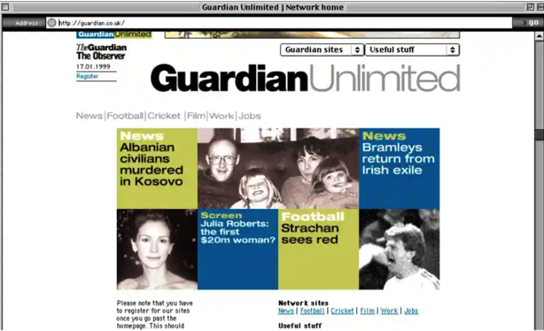 1999年《卫报》数字化网站页面。图片来源：The Guardian<br>