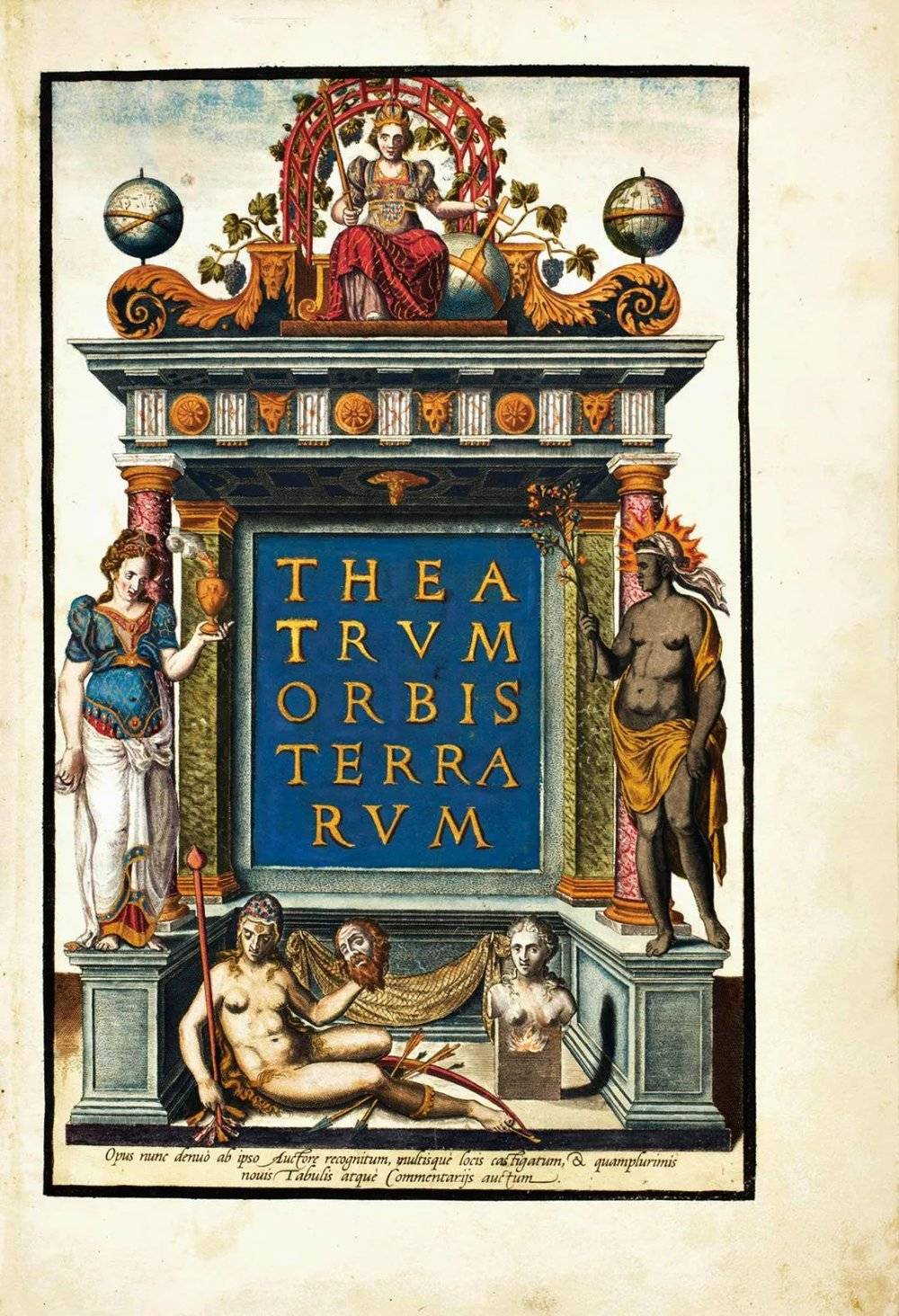《寰宇概观》封面。亚伯拉罕·奥特利乌斯制作的《寰宇概观》，是世界上第一本地图集。<br>