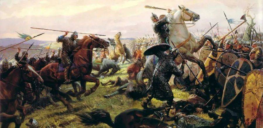 • Tom Lovell 所绘《黑斯廷斯战役》，诺曼人征服中的决定性战役——当时英国人不懂骑马打仗吃了大亏，如今的“骑兵”一词“Cavalry”就在这场战争之后经宫廷从法语进入了英语<br label=图片备注 class=text-img-note>