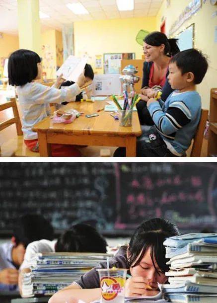 • 上图是上海的双语幼儿园，下图是内陆小城镇的考生，他们都在学习英语，但这显然不是一场公平的竞争<br label=图片备注 class=text-img-note>