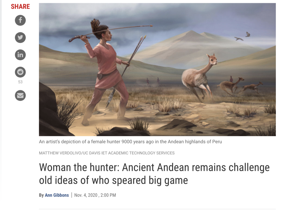 去年一个考古团队在对大约1.7万至4000年前，埋葬在美洲107个地点的429具人类遗骸进行研究之后发现，女性在原始狩猎采集社会中，并非完全以采集者身份出现。根据模型估计，那个时代美洲地区30%至50%的猎人是女性。<br>