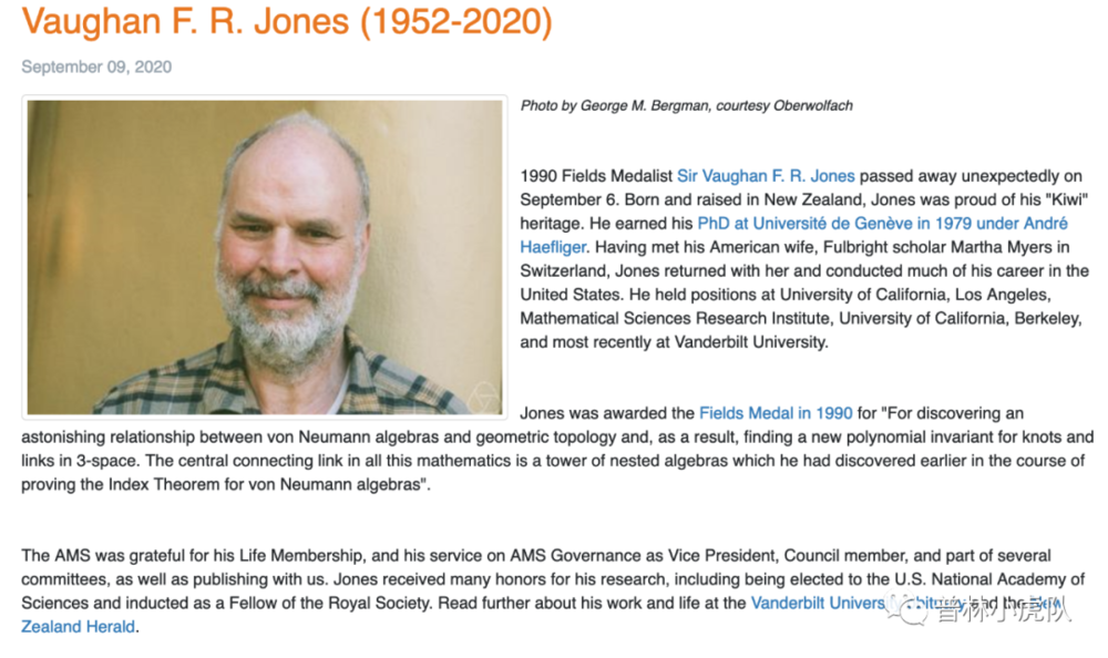 美国数学会发布的对琼斯逝世的报道