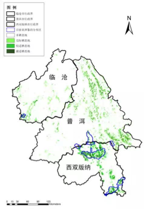 〓 图中深绿色部分为适宜野象居住的区域。资料来源：北京师范大学生态学张立教授的演讲<br>