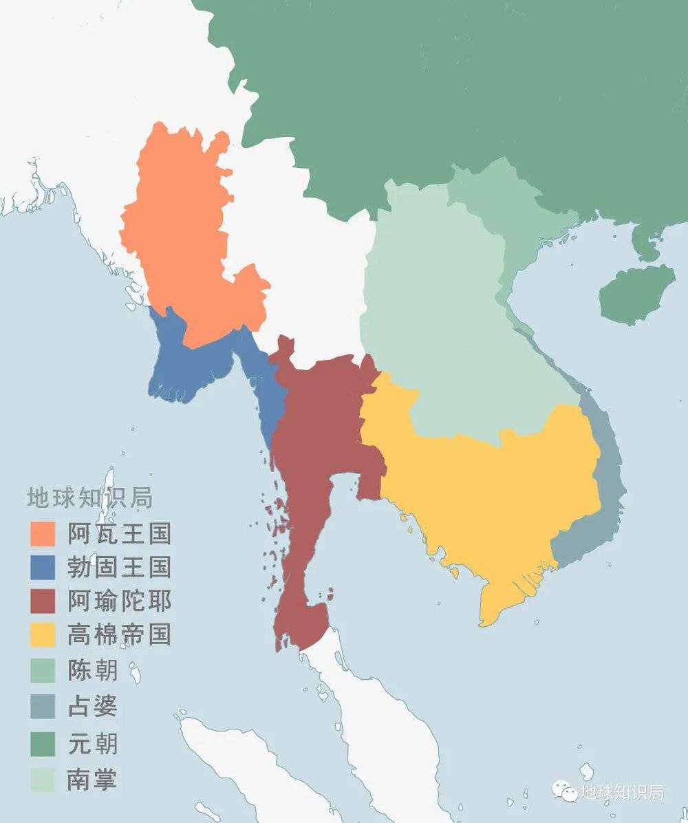 元朝时期的越南政权还只局限于红河流域，之后更广阔的的领土大都是从占婆、高棉手里夺来的（14世纪中期的中南半岛）