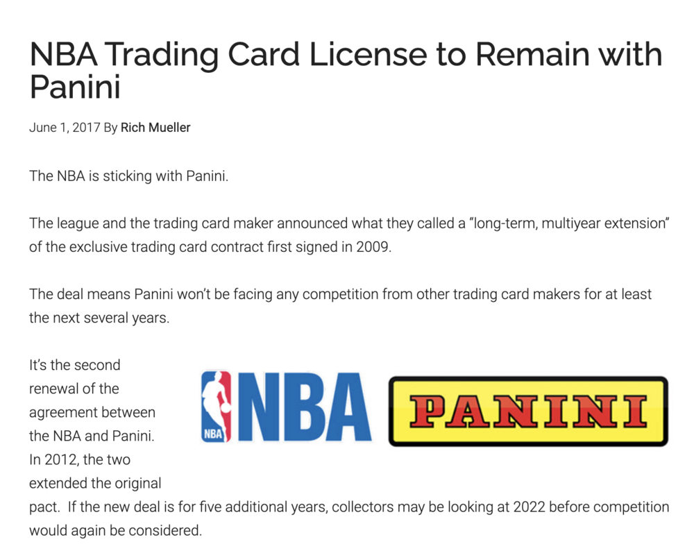 除了NBA以外，帕尼尼还持有 NFL、NASCAR、FIFA 世界杯和 300 多所大学的独家卡牌发行权，堪称行业大龙头。现在它正将触手伸到更远的地方，比如好莱坞名人卡等等。