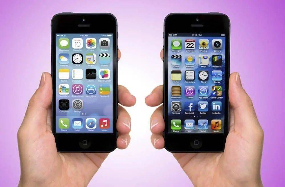 “扁平”的 iOS 7 与“拟物”的 iOS 6. 图片来自：hipertextual<br>