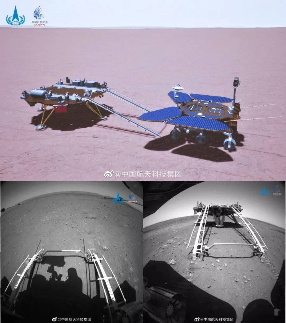 （上）着陆平台与火星车分离示意图；（下）祝融号驶离着陆平台之前和之后的场景，由火星车的前后避障相机拍摄 | 航天科技集团