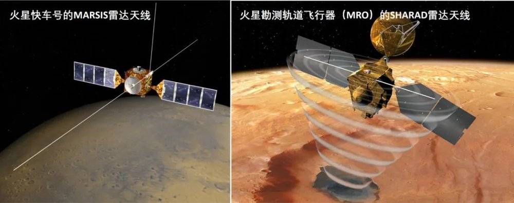 （左）火星快车号三根展开20米长的雷达天线；（右）火星勘测轨道飞行器的两根10米雷达天线 | ESA、NASA<br label=图片备注 class=text-img-note>