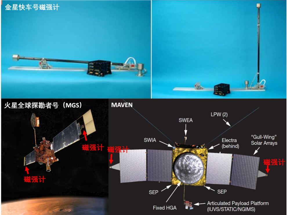 （上）金星快车号磁强计 | ESA；（下）火星全球探勘者号（MGS）和MAVEN的磁强计位置 | NASA<br label=图片备注 class=text-img-note>