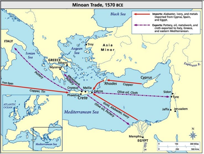 克里特岛在公元前1570年左右的贸易路线。这个海岛位于当时地中海国际贸易的十字路口，留下了神秘璀璨的米诺斯文明，以及至今未被破译的线性文字A。