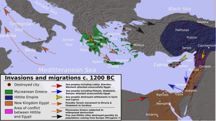 海上民族入侵路线图。大约公元前1200年左右开始的这次大规模入侵，摧毁了地中海东部多个文明中心，让当时文明和国际贸易停滞甚至倒退了几百年。<br label=图片备注 class=text-img-note>