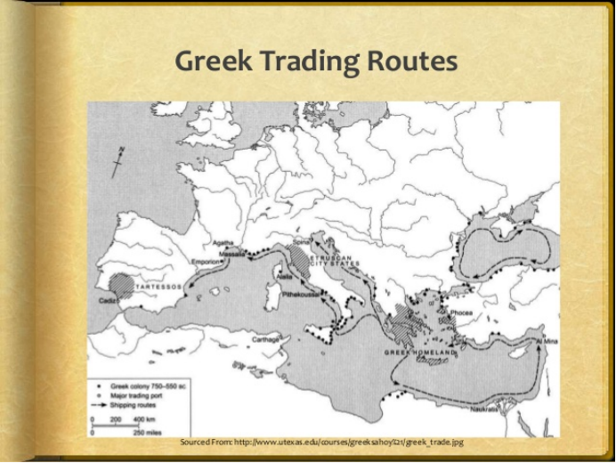 早期希腊人移民和贸易的路线。他们和迦太基人共同让整个地中海沿岸国际贸易达到了新高度。图右下的瑙克拉提斯城是未来埃及对外贸易的主要窗口。<br label=图片备注 class=text-img-note>