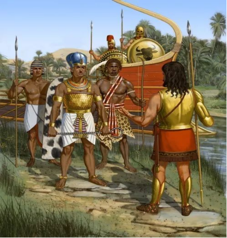 埃及人与希腊雇佣军。随着亚述、巴比伦、波斯等西亚地区大帝国的兴起，埃及人的军事技术逐渐开始落伍，法老在战争中对希腊雇佣军的依赖性越来越强。来源：pinterest