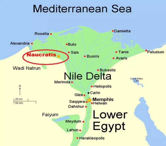 瑙克拉提斯位于尼罗河三角洲西部，并不直接靠海岸，通过尼罗河的支流通向地中海