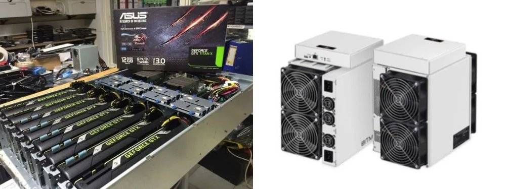 图左为“显卡（GPU）矿机”，图右为“ASIC矿机”<br>