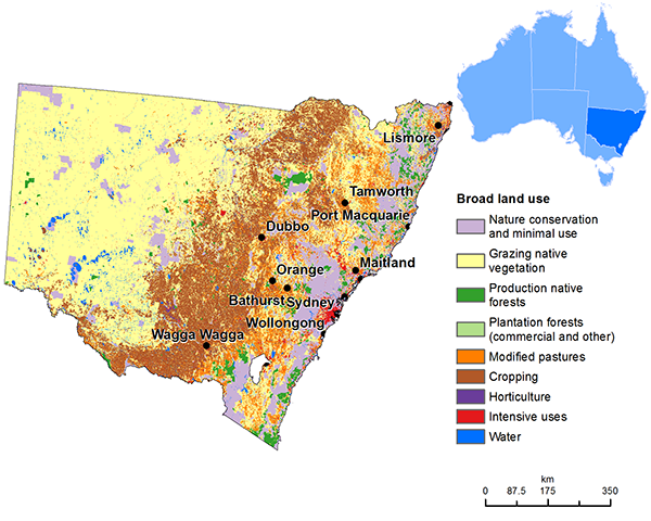 ● 新南威尔士州土地利用类型图，棕色部分为农田 / 澳大利亚农业、水和环境部