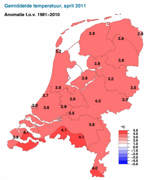 荷兰各地2011年4月平均气温与正常年份的差值。来源：荷兰皇家气象台KNMI<br>