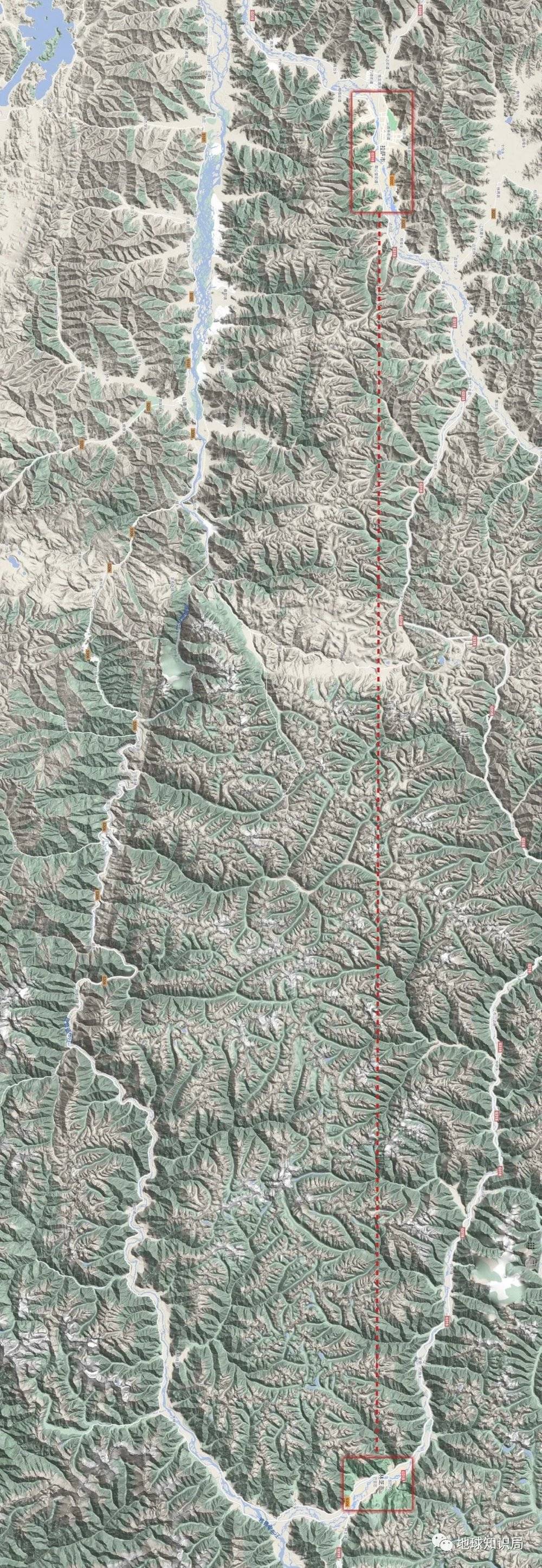 从拉萨到林芝拉一条直线，就这么翻山越岭显然不实际，主要分为清晰可见的南北两条通道（横屏）（图：google map）