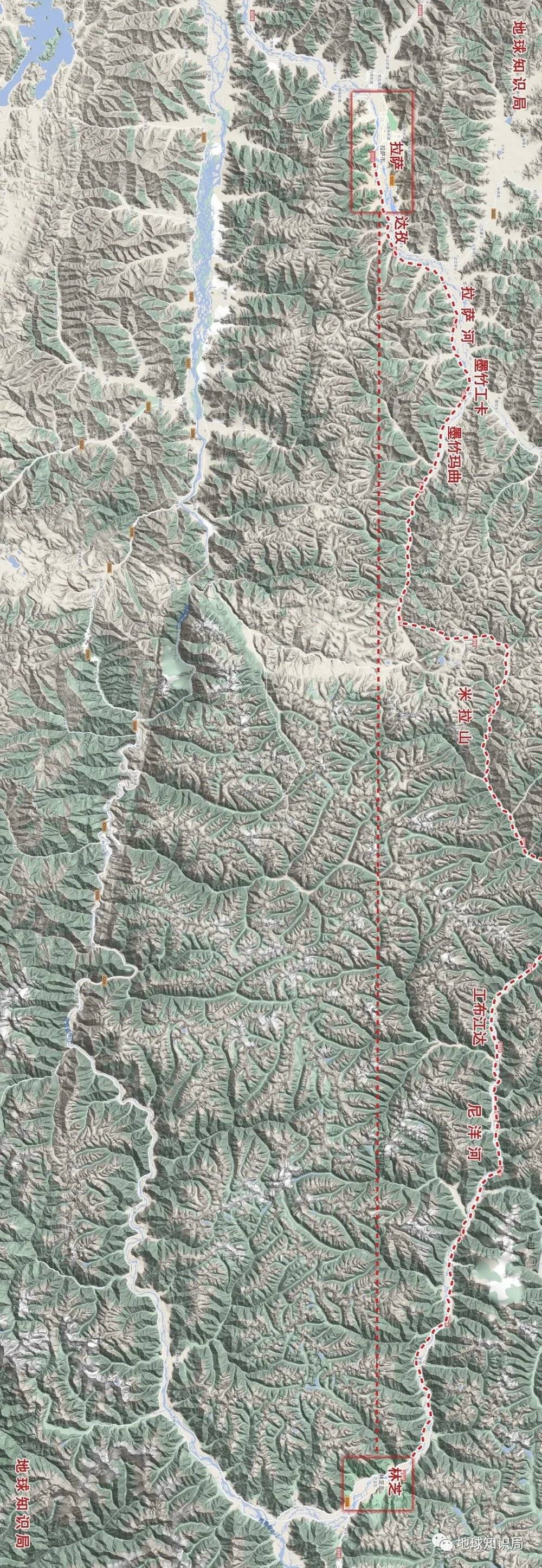 也就是北边这一条通道，拉萨-拉萨河流域-米拉山-尼洋河流域-林芝（横屏）（图：google map）