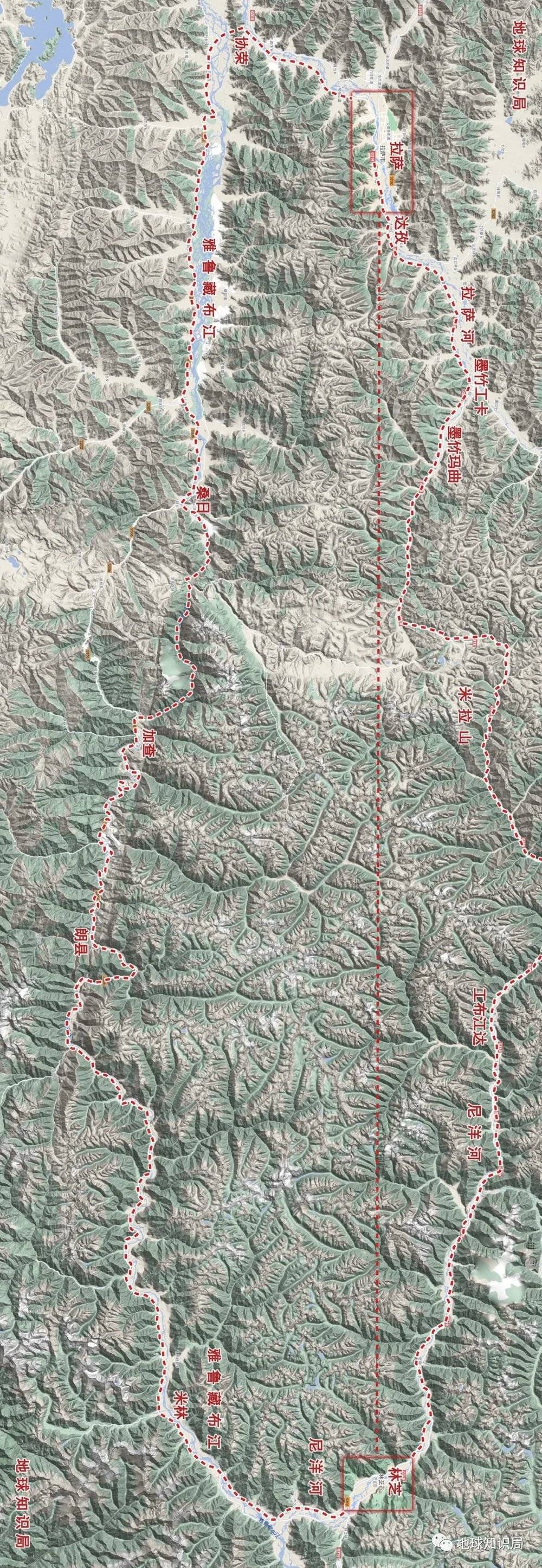 南线通道拉萨-拉萨河-协荣-雅鲁藏布江-尼洋河-林芝（图：google map）