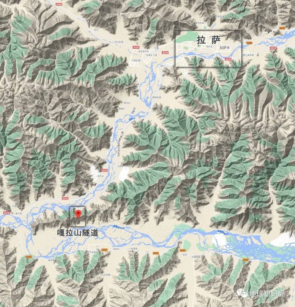 通过嘎拉山隧道从拉萨河流域到雅鲁藏布江干流就不用绕远了（图：google map）