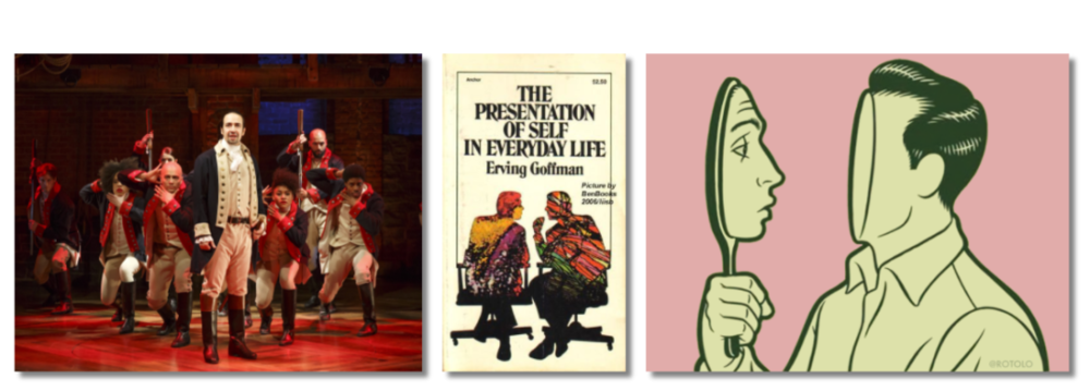 左：《汉密尔顿》表演录制截屏；中：《日常生活中的自我呈现》封面；右：艺术家ROTOLO绘制的插图<br>