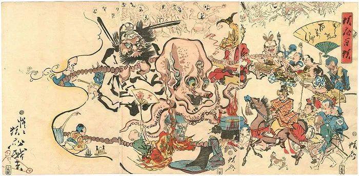 河锅晓斋《道化百万遍》，1864年。这幅作品是描绘钟馗的作品中较为特别的一幅，画面最外侧有一群牛鬼蛇神，内侧钟馗带领众人众妖手持念珠，将一只巨大的章鱼怪团团围住。<br>