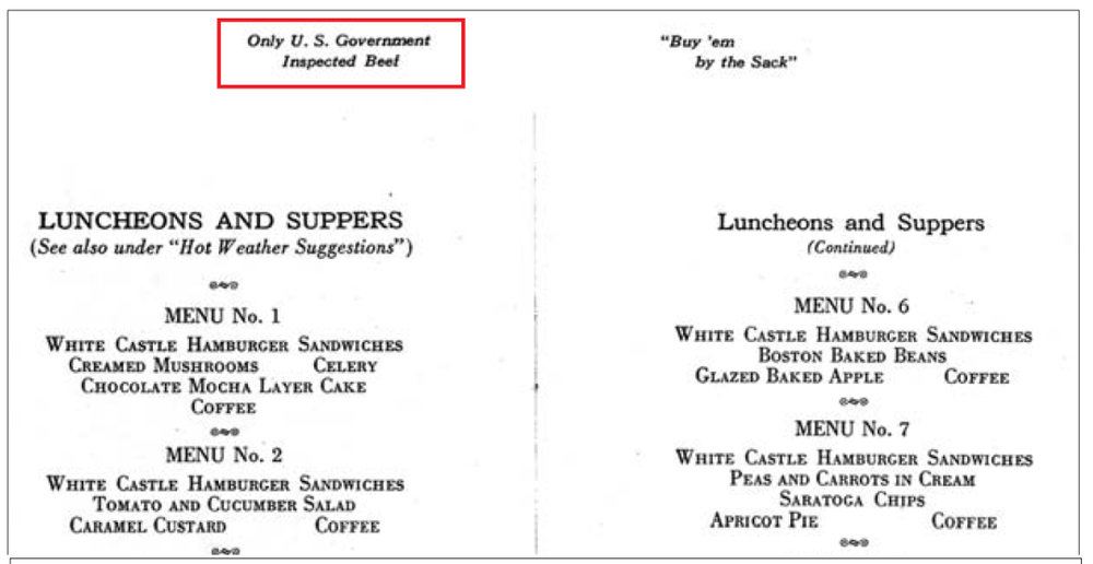  白色城堡汉堡店的早期菜单，特别强调自家用的是受监管的放心肉<br label=图片备注 class=text-img-note>