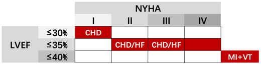 图6. 心脏性猝死一级预防的患者筛选标准的简单矩阵：在冠心病心肌缺血所致的心肌病、心衰等原发病基础上，心功能（EF为心脏泵血能力，NYHA为症状角度心功能评级）较差的患者为猝死高风险（CHD：冠心病或缺血性心肌病，HF：心力衰竭，MI：心肌梗死，VT：室速）<br label=图片备注 class=text-img-note>