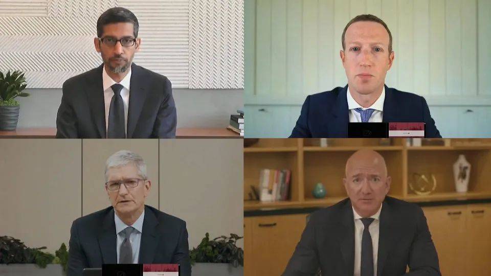 去年7月30日，四大美国科技巨头CEO出席听证会   图片来源：C-SPAN 视频流