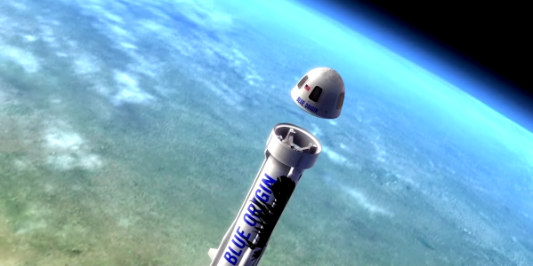 “新谢泼德”亚轨道火箭与飞船乘员舱分离，图片来源：蓝色起源