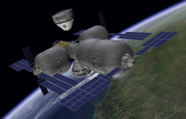 波音公司的 “星际航线” 飞船与比格罗公司充气式太空旅馆交会示意图，图片来源：波音<br>