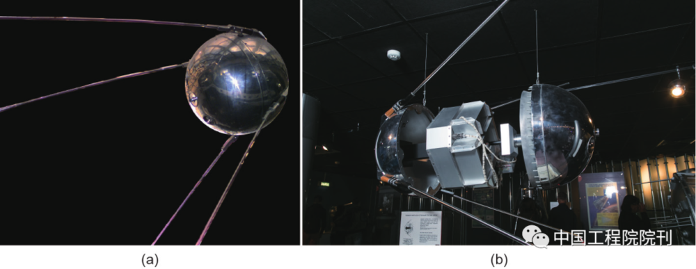 图3 （a）人造卫星1号的复制品展示了四个后掠天线，使苏联的先驱航天器（世界上第一颗人造卫星）在1957年10月发射后，能够向几乎所有的地球人居区域发射射频脉冲。（b）右边的模型显示了卫星的内部，它以约29 000 km·h<sup>–1</sup>（8100 m·s<sup>–1</sup>）的速度飞行，每96 min完整走过一次轨道。该卫星在太空运行21 d后电池耗尽，无线电脉冲停止发射。在轨道上运行三个月后，斯普特尼克1号于1958年1月4日重返地球大气层时被烧毁。来源：National Aeronautics and Space Administration (NASA; pubic domain); Wikimedia Commons (CC0 1.0)<br>