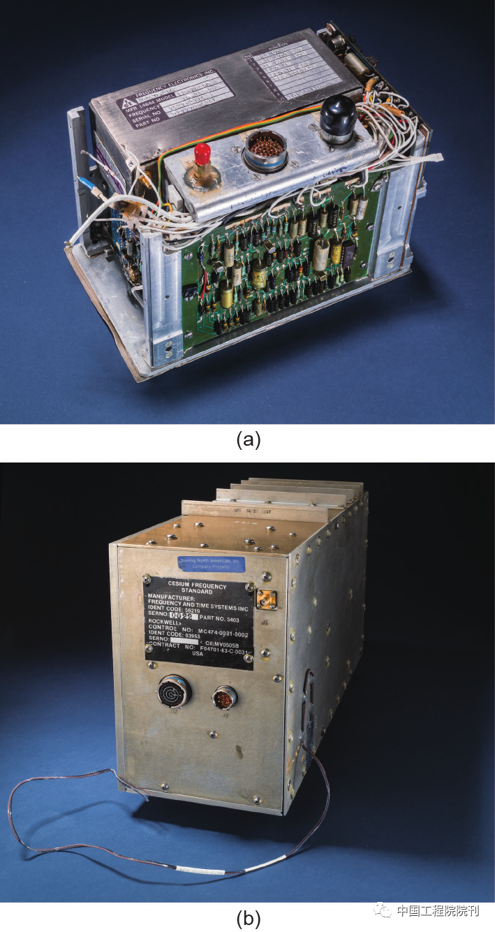 图6（a）由德国Efratom Elektronik公司与Rockwell国际公司合作设计制造的轻型、紧凑、低功率的铷钟，使第一个四卫星GPS示范项目取得了里程碑式的发展。（b）第一个五卫星GPS携带了这样一个紧凑的、太空加固的铯钟，由Danvers、MA、承包商Frequency and Time Systems公司建造。来源：Dane A. Penland，National Air and Space Museum, Smithsonian Institution (public domain)<br>