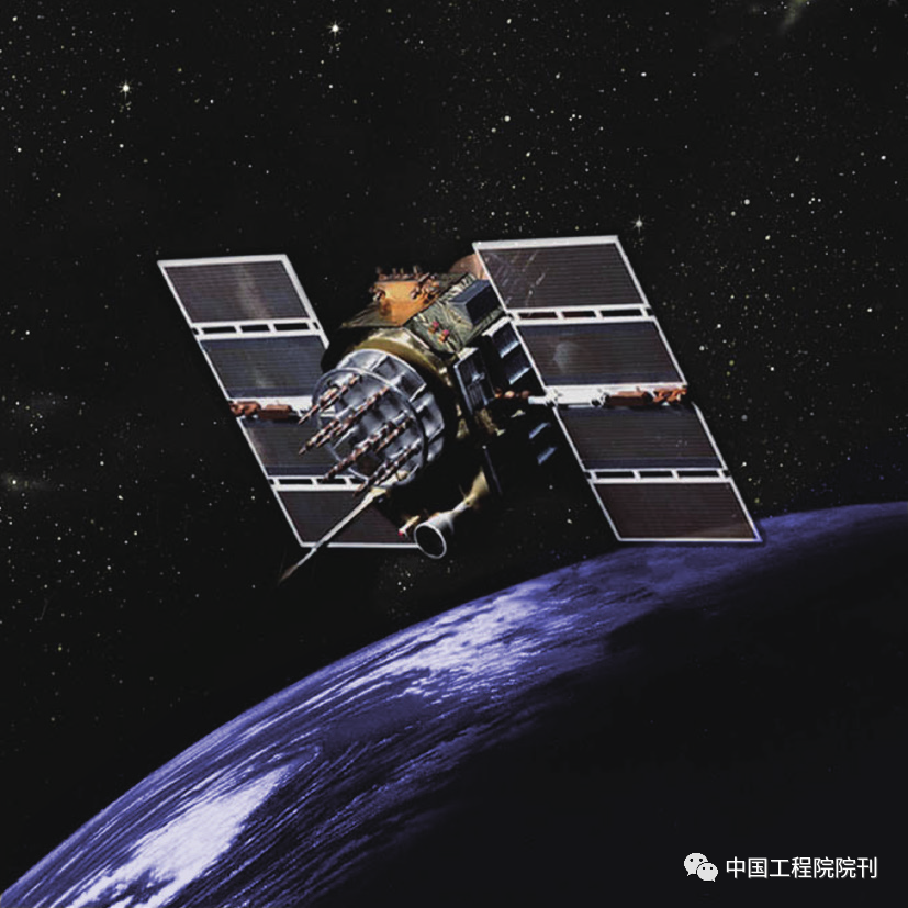 图13 艺术家绘制的第二代GPS Block IIA卫星图；这些卫星在1989— 1997年发射，现在都已退役，最后一颗卫星在2019年退役。目前的 GPS星座大部分由最近的第二代GPS卫星系列组成，截至2020年8月，太空中仍有29颗（10颗IIR、7颗IIR-M和12颗IIF）在运行。来源：GPS.gov (public domaion)<br>